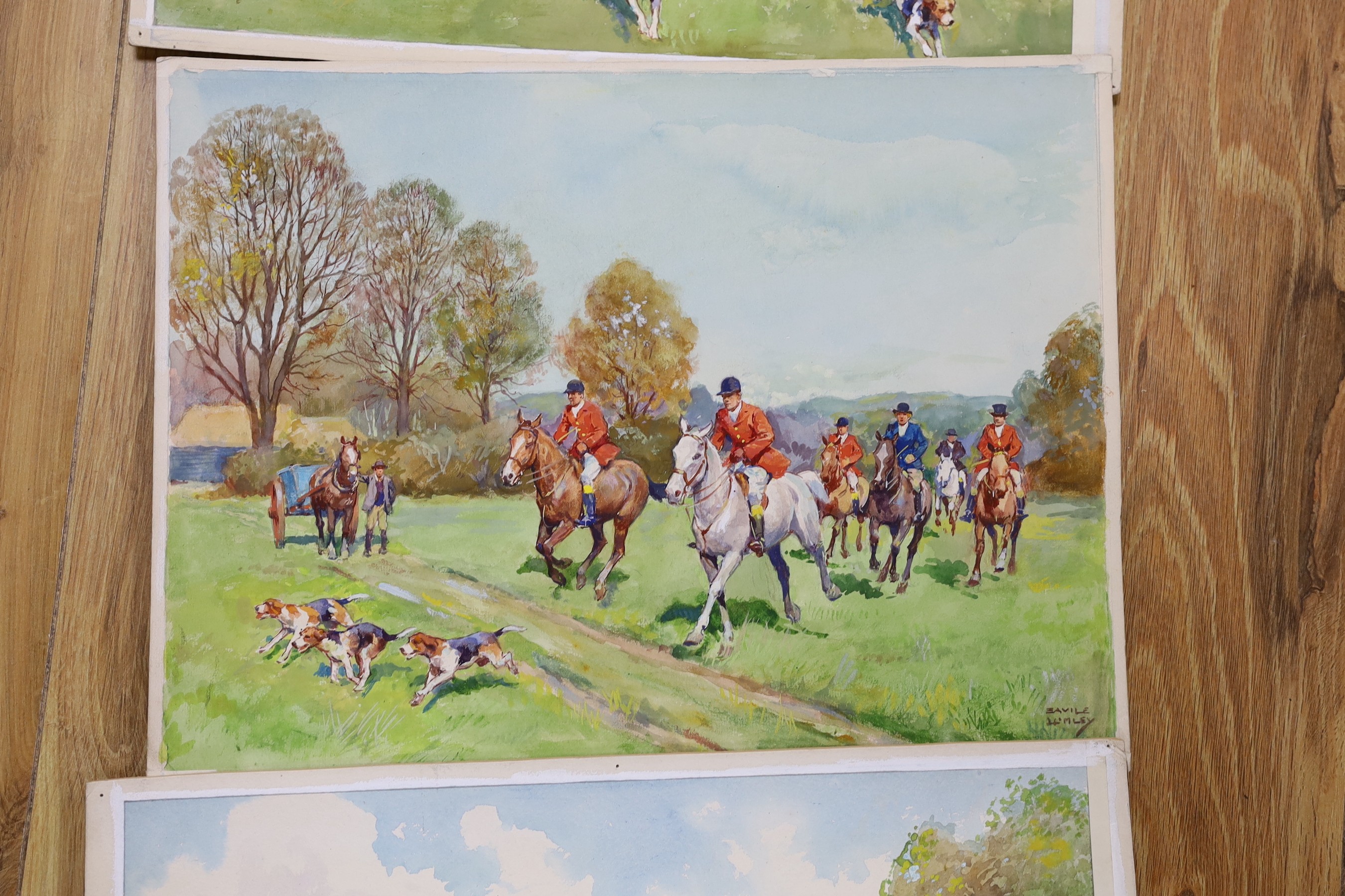 Savile Lumley (1876-1960), three watercolours, Hunting scenes, signed, 26 x 35cm, unframed